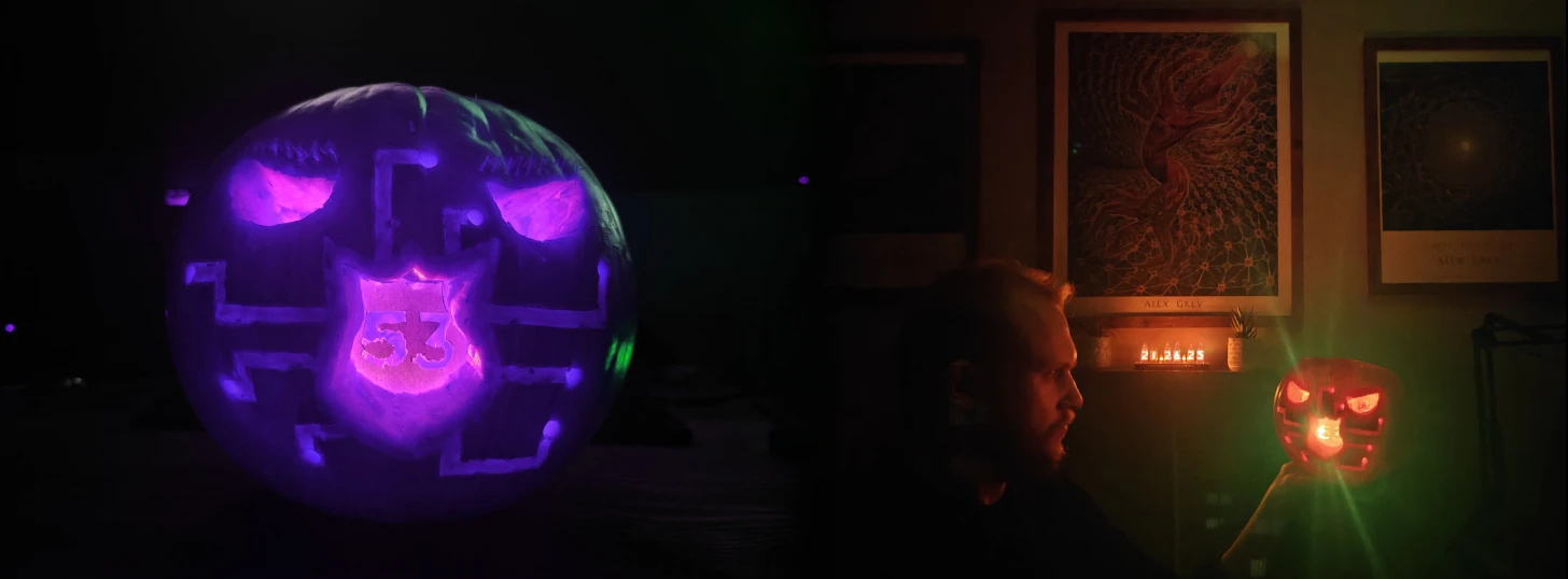 Two side by side images of a pumpkin carved into a face, with AWS' Route 53 logo acting as the mouth.